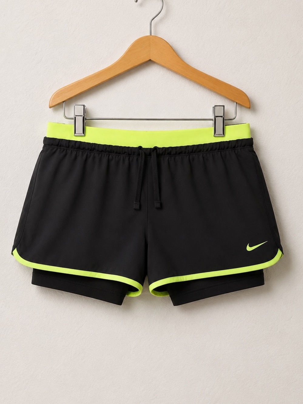 Nike Dri-Fit Black 2 In 1 Mid Rise Athletic Running Shorts with Neon Yellow Trim